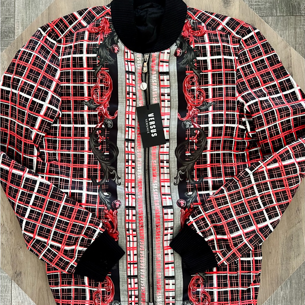 Versus Versace Black And Red Plaid Bomber Jacket
